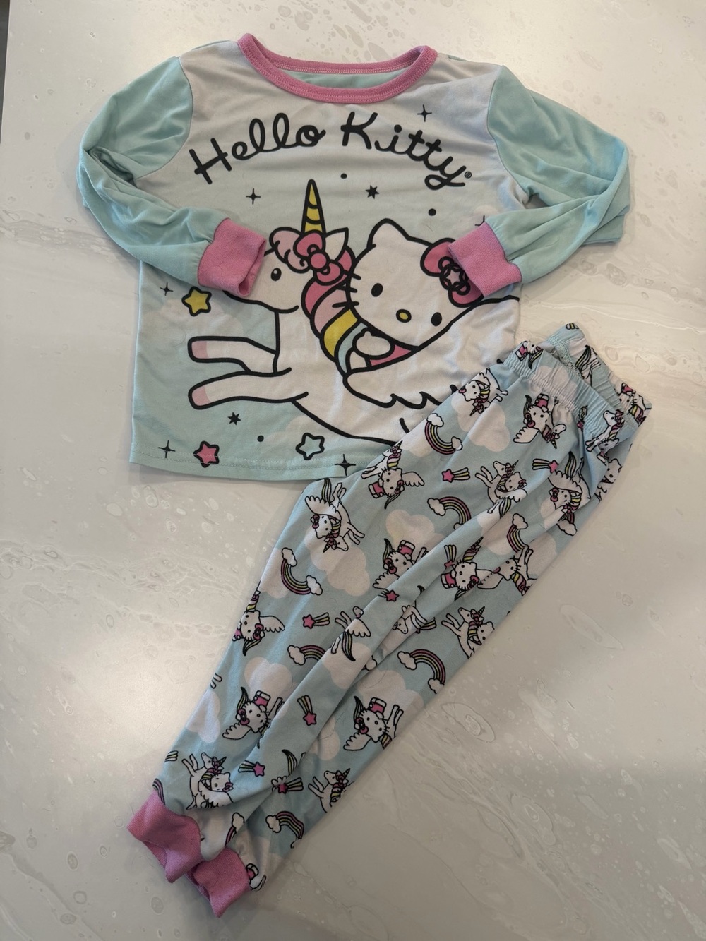 Hello Kitty Girls' Light Blue & Pink Unicorn Pajama Set 2T